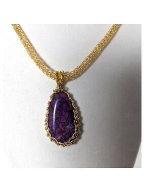 Purple copper stone pendant Wire wrapped Viking knit Hook clasp chain +earrings